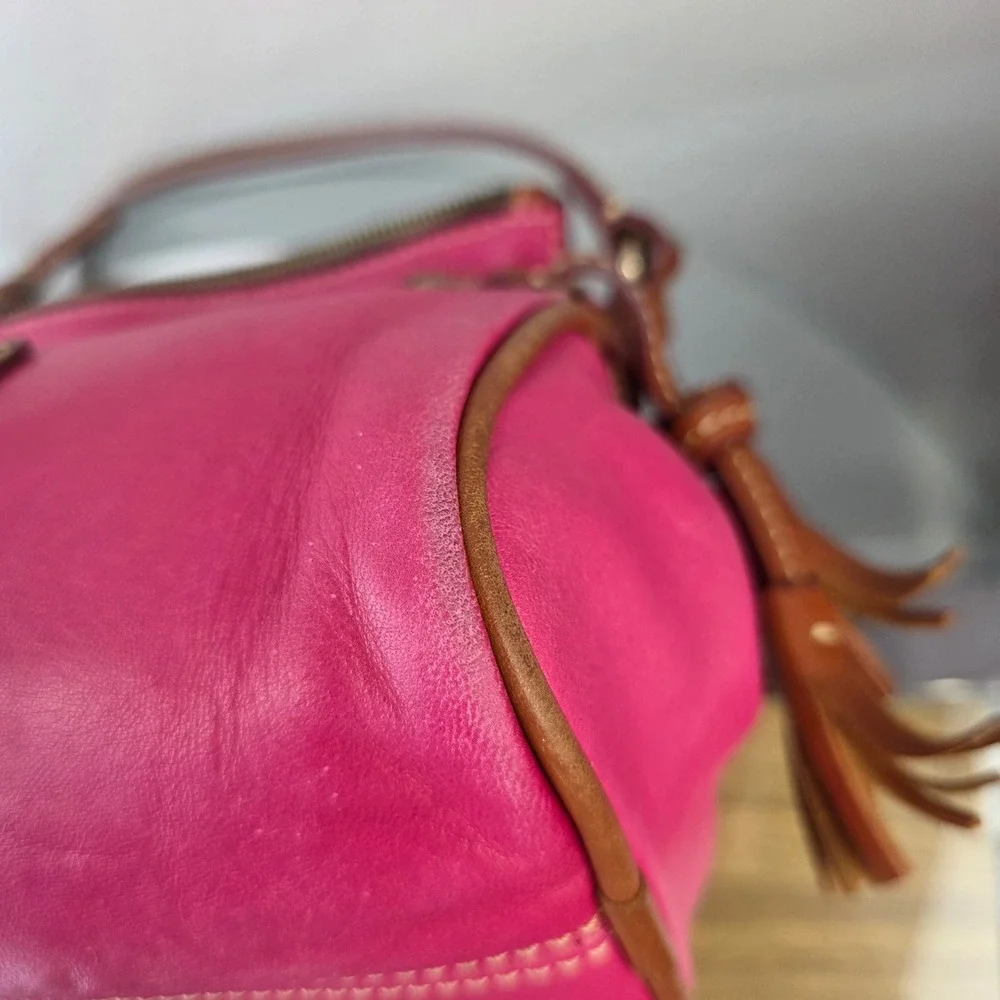 Dooney & Bourke Lambskin Leather Crossbody Bag Fuschia Brown Trim Tassels Rare - Picture 8 of 16